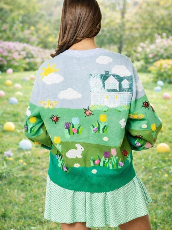 NWT Queen of Sparkles Multi Easter Bunnies & Eggs in Yard Scene Button Up Cardig - Picture 2 of 6